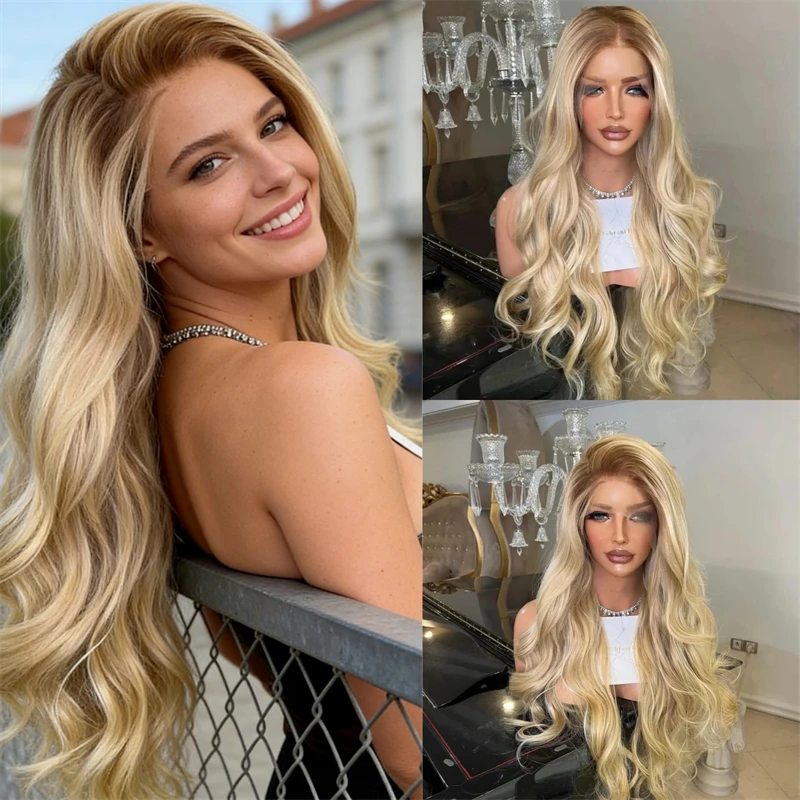 Glueless Wig Ombre Golden Blonde Synthetic HD Lace Front Wig Natural Preplucked Hairline Factory Wholesale Price Women's Wig