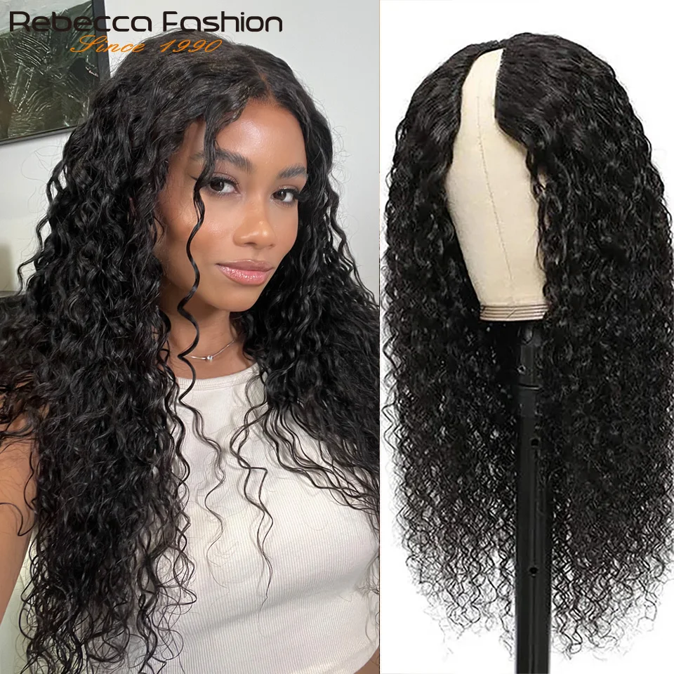 

Rebecca Water Wave U Part Wig Brazilian Hair Wig Deep Curly 100% Human Hair Wig 180% Density Natural Black U Part Wigs Remy Hair