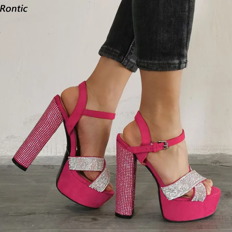 

Rontic/Новые женские босоножки ручной работы на платформе со стразами и пряжкой на ремешке, на массивном каблуке с открытым носком, красивая вечерние туфли цвета фуксии, размер США 5-20