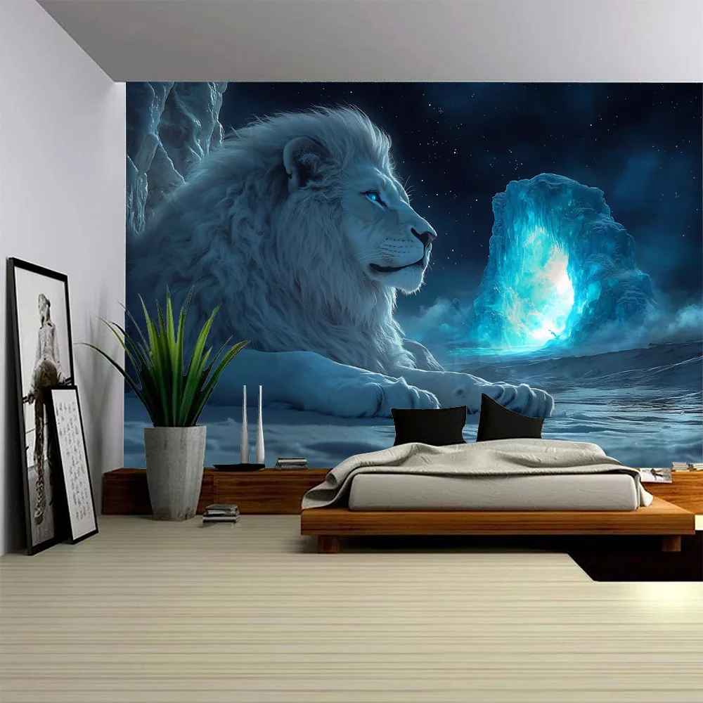 Modern Art White Lion Snow Scene Tapestry Dreamy Painting Printed Wall Hanging Decor for Home Dormitory Polyester Fabric