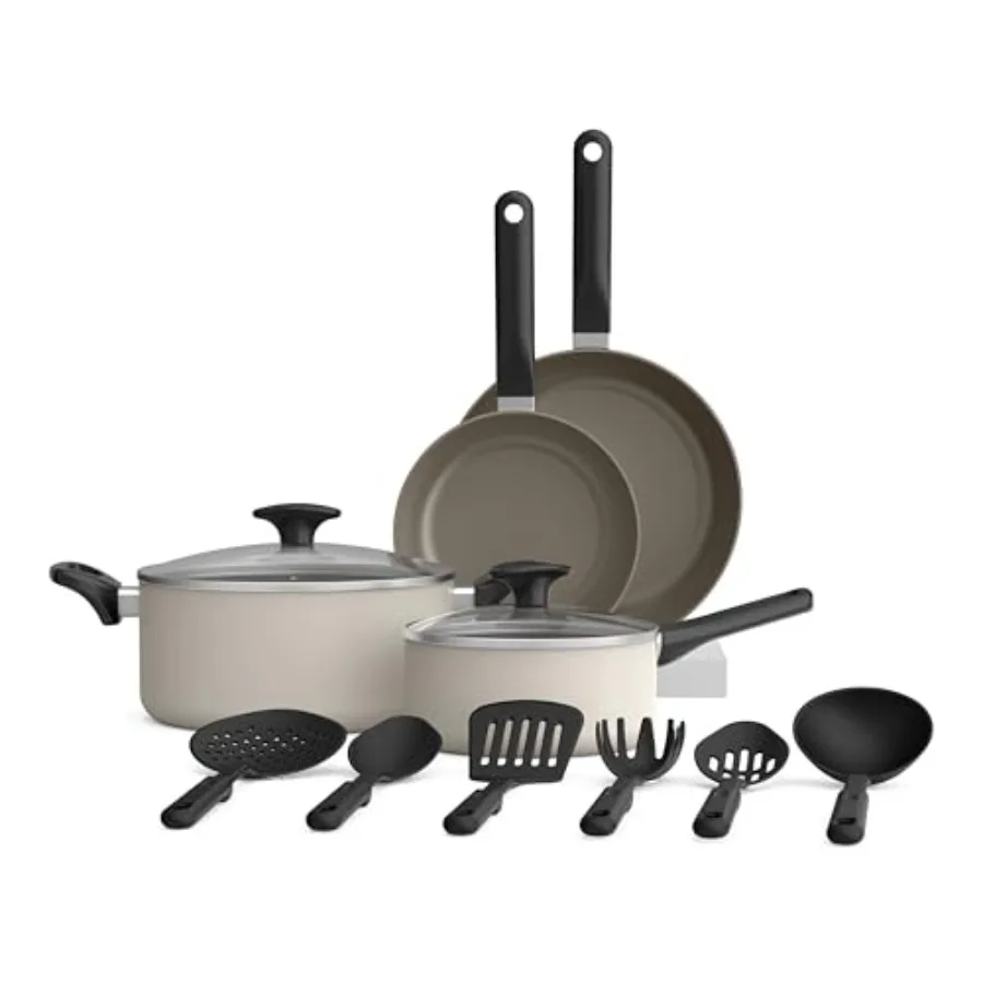 

Cookware Set with EverGood™ Ceramic Nonstick Coating​ Dishwasher and Oven Safe All Stovetops Compatible Tempered Glass Lids and