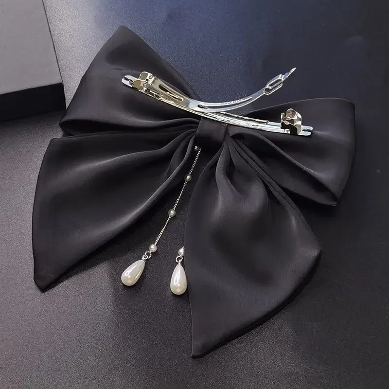 Fashion Fabric Big Bow Hairpins Pearl Tassel Hair Clips Ponytail Barrettes Heawear Korean Headpiece Girls Hair Accessories