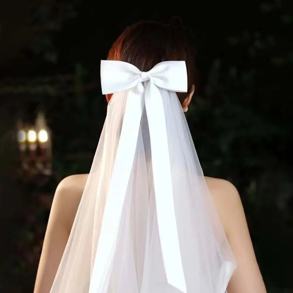 Beautiful White Bridal Veil Long Veil Bowknot Ribbon Wedding Shawl Double Layer Tulle Shawl Women's Wear
