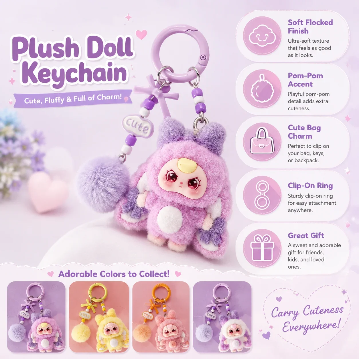 1pc Kawaii Flocked Bunny Plush Doll Keychain Four Pastel Colors Available Soft Fluffy Pom Pom Bead Decor Clip On Ring Bag Charm Cute Cartoon Stuffed Pendant Lovely Small Gift For Girls Teens Women Backpack Daily Accessory