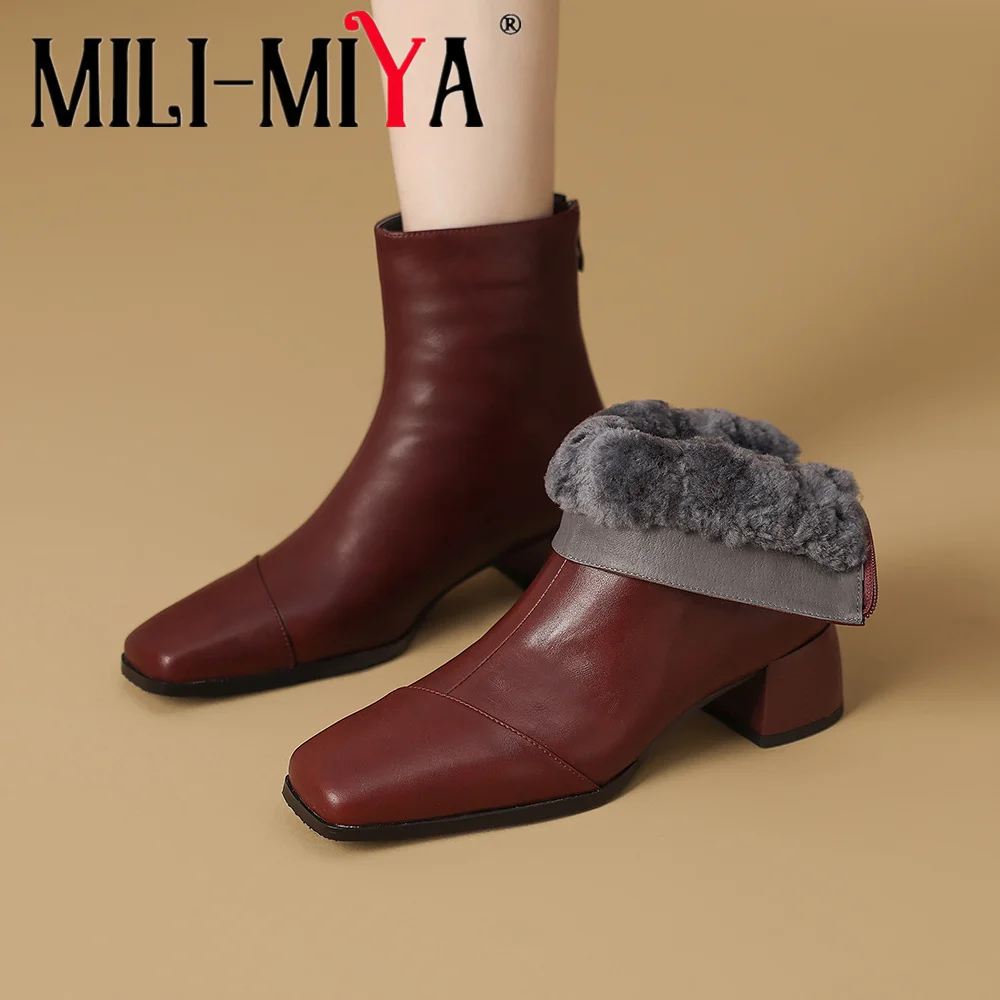 MILI-MIYA Trend Warm Winter Handmade Genuine Cow Leather Women Ankle Boots Classic Style Block Heels Square Toe Casual Shoes