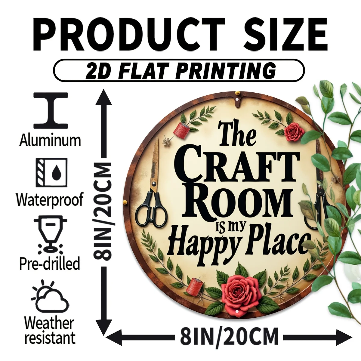لافتة ألومنيوم مسطحة ثنائية الأبعاد، قطعة واحدة لتزيين جدران الغرفة اليدوية - "غرفة الحرف اليدوية هي مكان سعيد"، نمط ريفي 8 × 8 بوصة جدار مستدير #3