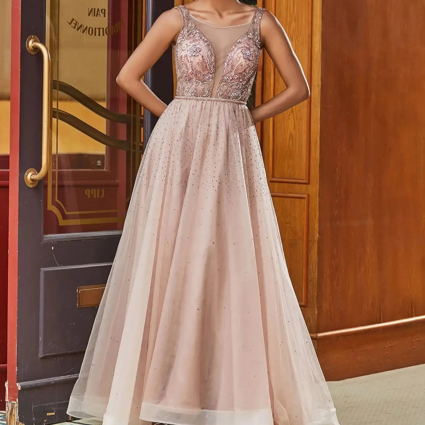 Illusion Neck Beads A-Line Tulle Prom Dress Dusty Rose Spaghetti Straps Wedding Dress Pleated Floor length Guest Evening Gown