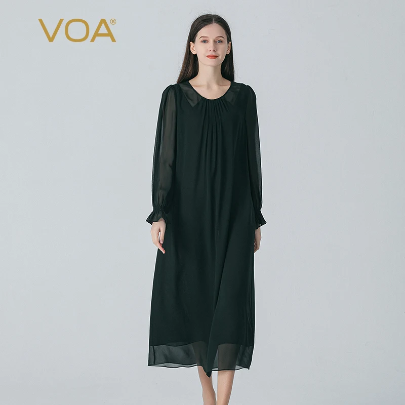 

VOA 100% Real Mulberry Silk Dark Green O-neck Flare Sleeve Pleated Dresses Women Double Layer Georgette Silk Long Dress AE1886