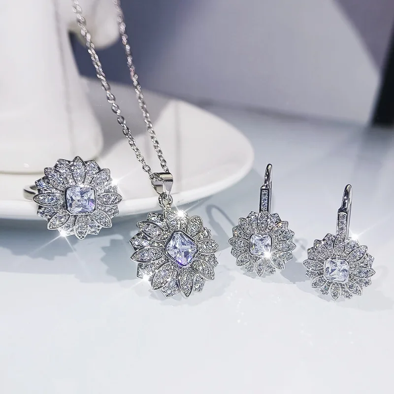 925 silver new popular snowflake white zircon wedding bridal necklace high-end temperament earrings ring 3 Pcs Set jewelry gift