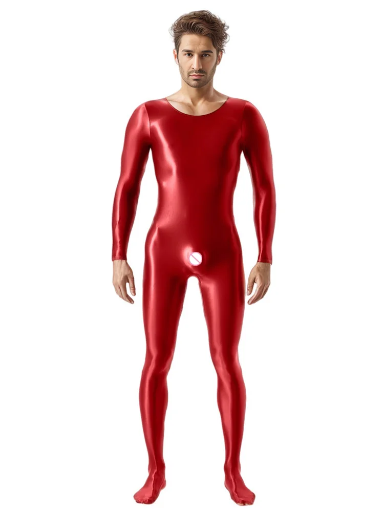 Sexy Men Candy Color Oil Glossy Shiny Shapping Bodysuit Stain Smooth Sheer See Through Tights Elastic Fitness Leotard O-Neck