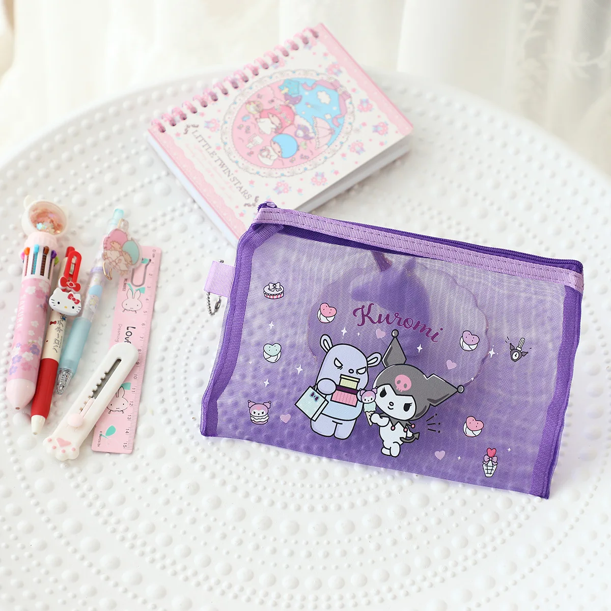 Astuccio per matite Sanrio sacchetto di cancelleria trasparente in garza carino Kuromi Cinnamoroll forniture per studenti borsa portaoggetti con