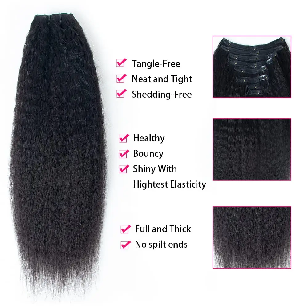 Kinky Straight Clip in Human Hair Extensions 8pcs Per Set with 18Clips Brazilian Virgin Human Hair Natural Black Color For Women