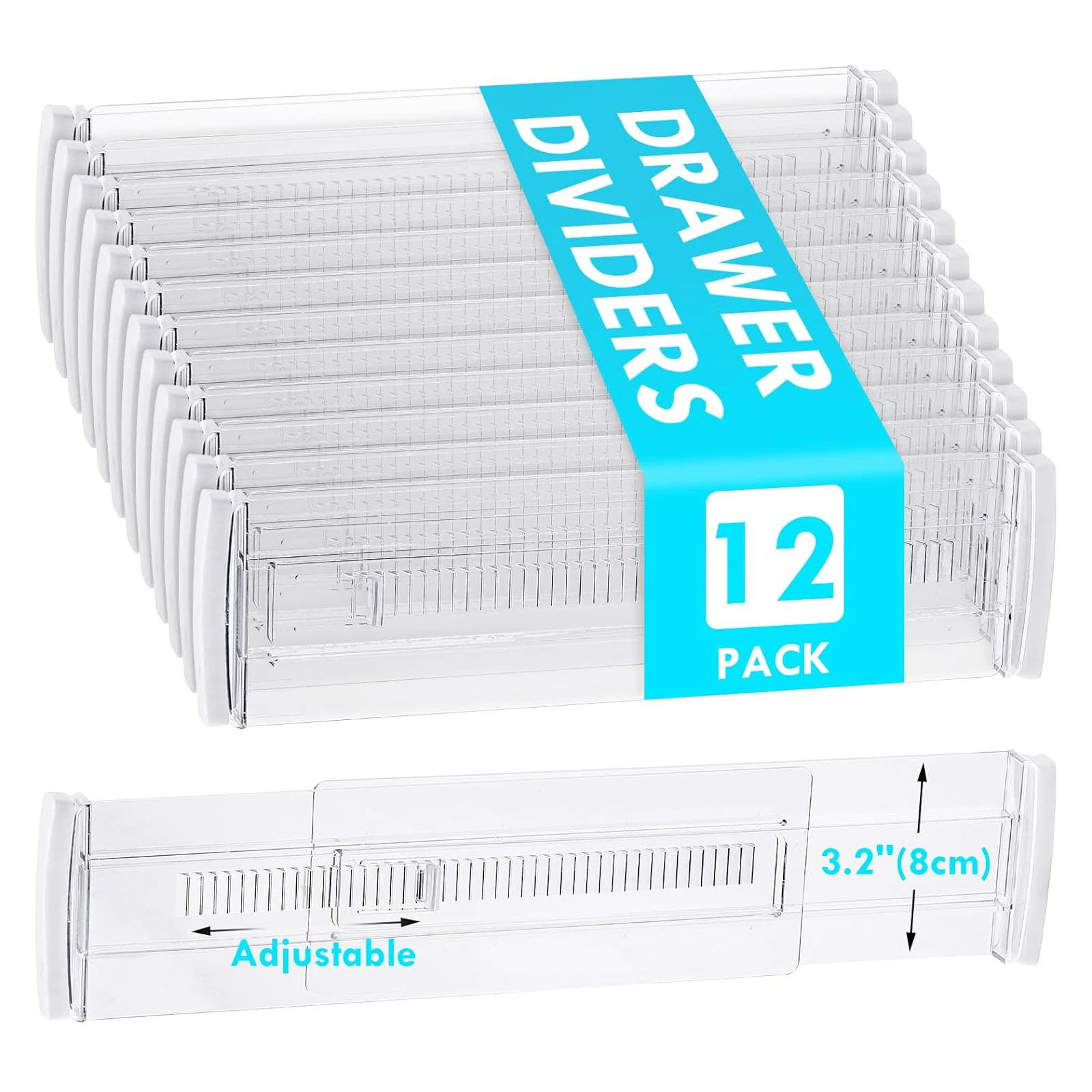 

Drawer Dividers, 12 pack Adjustable Drawer Organizer, Clear Expandable Dresser Organizer for Clothes Kitchen Utensils Storage