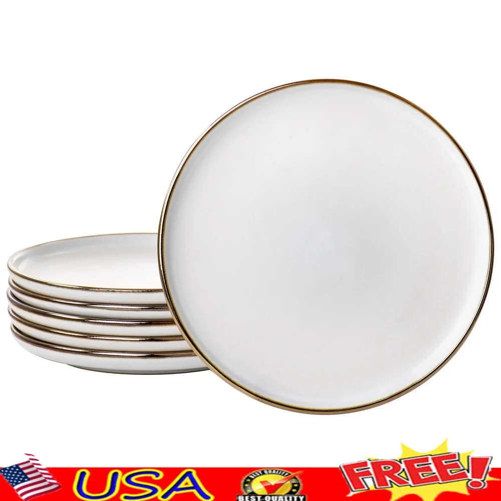 

6 Piece Stoneware Salad Plate Set Round Flat Base Gold Trim Microwave Dishwasher Safe Ideal Gatherings Daily Use