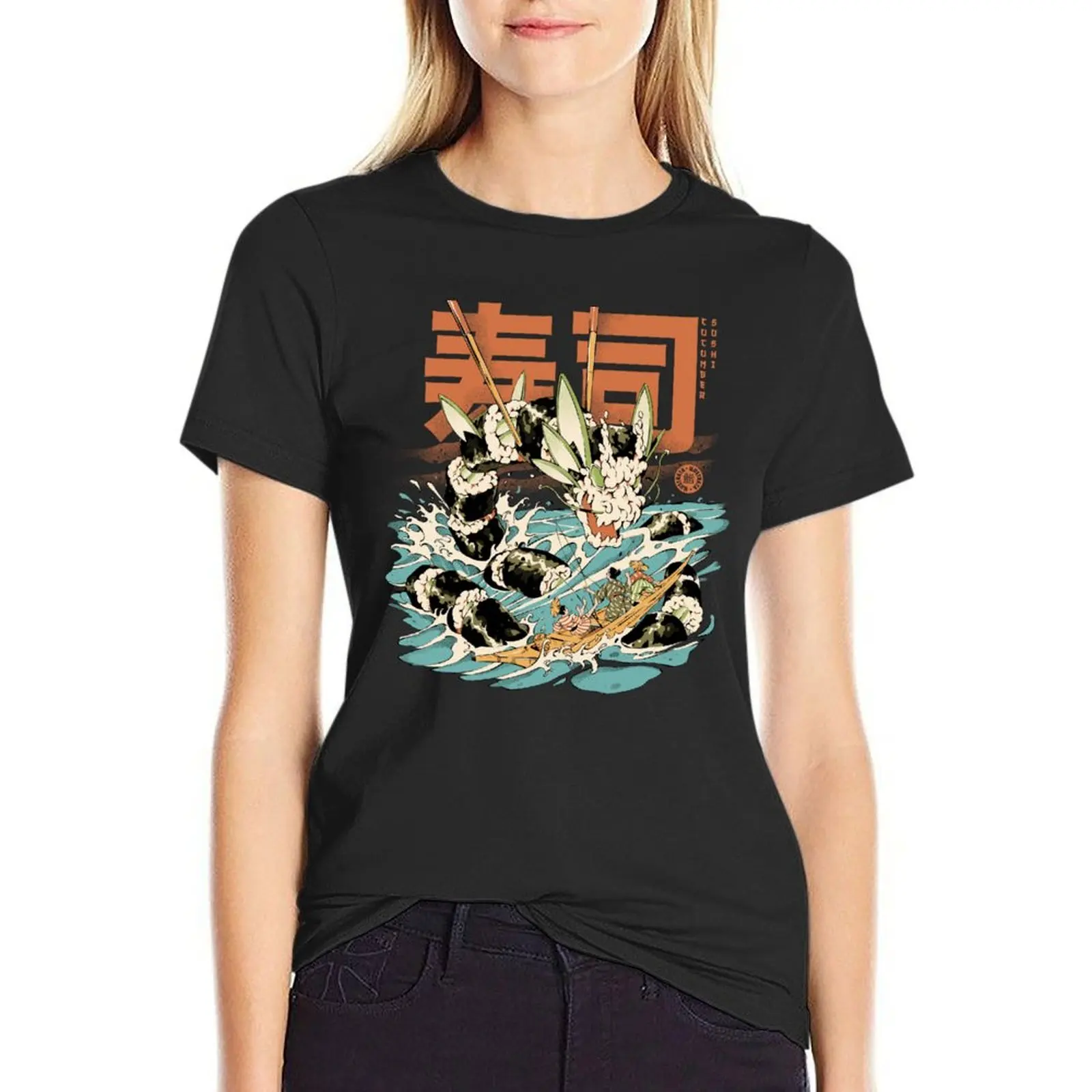 Camiseta negra de pepino Sushi Dragon para mujer, ropa de anime, camisas divertidas de entrenamiento lisas