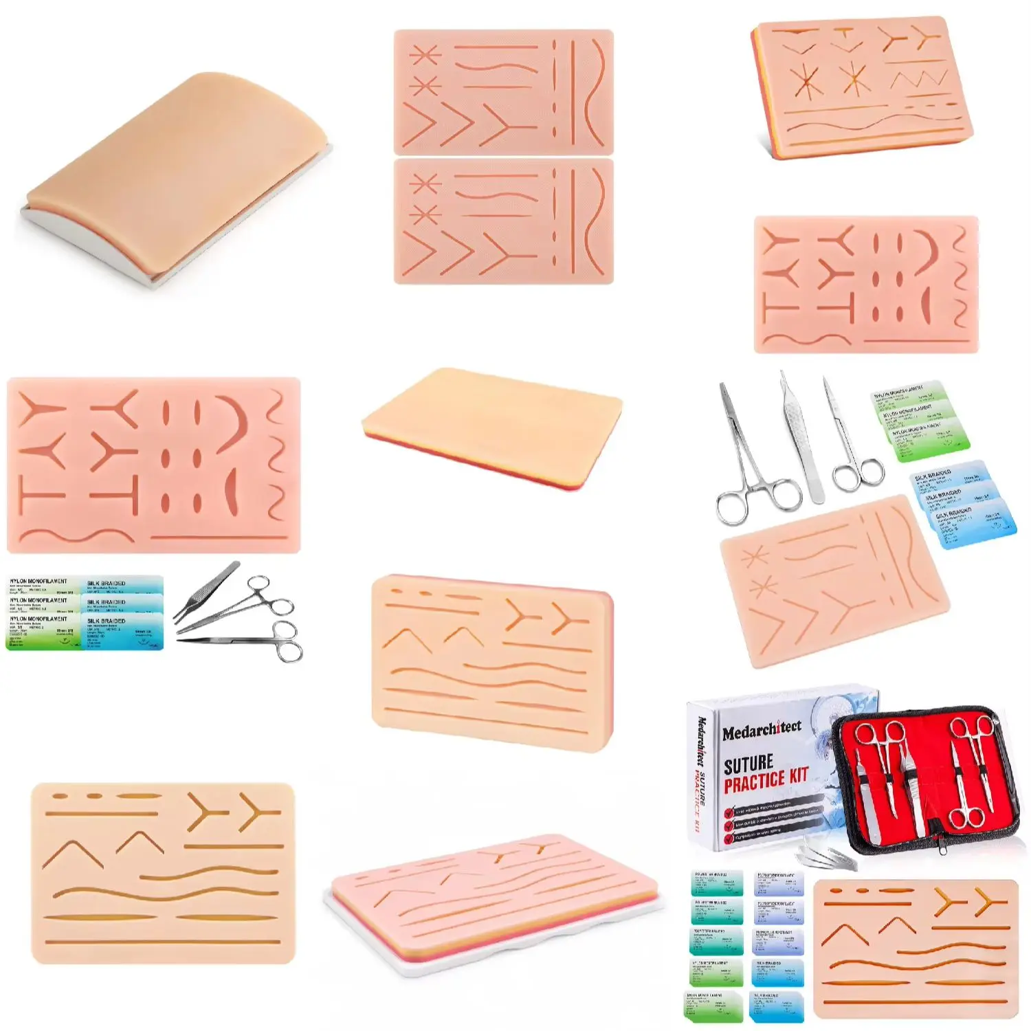 Silicone Suture Practice Pad Kit Pre-Cut Wounds DIY Wound Different-Depth for Medical Student Suturing Training Education Only