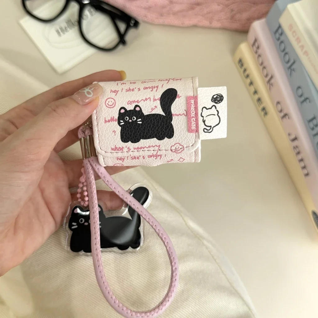 Cartoon Black Cat Pink English Letter Soft Leather Lanyard Pendant Case Cover for AirPods 1 or 2 3 4 AirPods Pro Pro 2