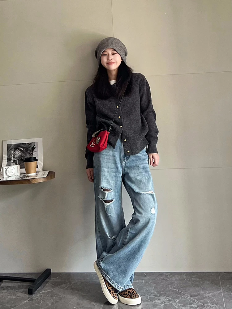 

ay round Ne Knitted Sweater Cardigan Women's ort Sle Korean Spring Autumn Outerwear Top MAY MUZIYA Commute Sle