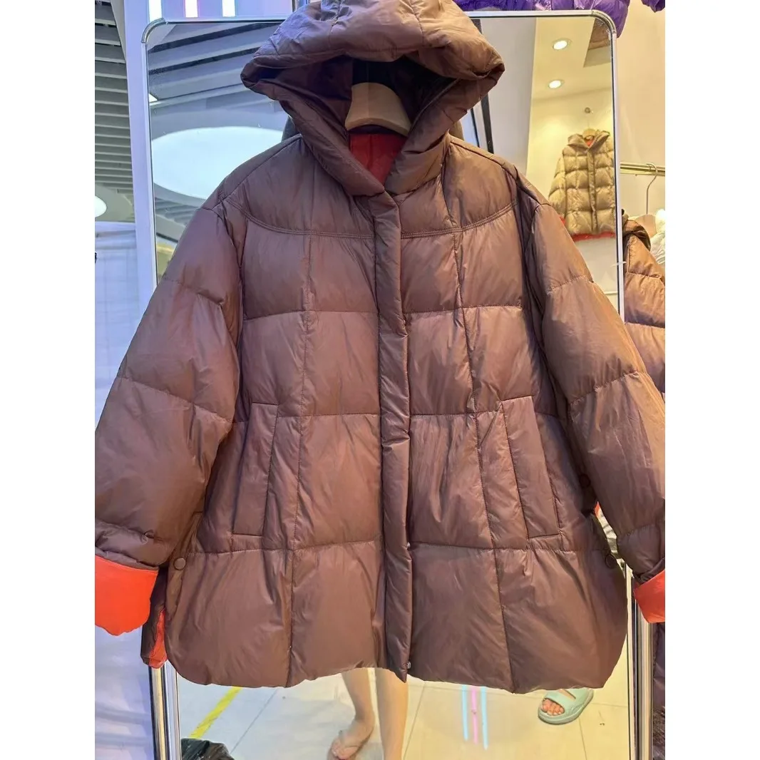 المرأة سترة شتوية المتضخم ألف خط التباين اللون مقنعين رشاقته معطف دافئ الفنية المرقعة سترة منفوخة العصرية