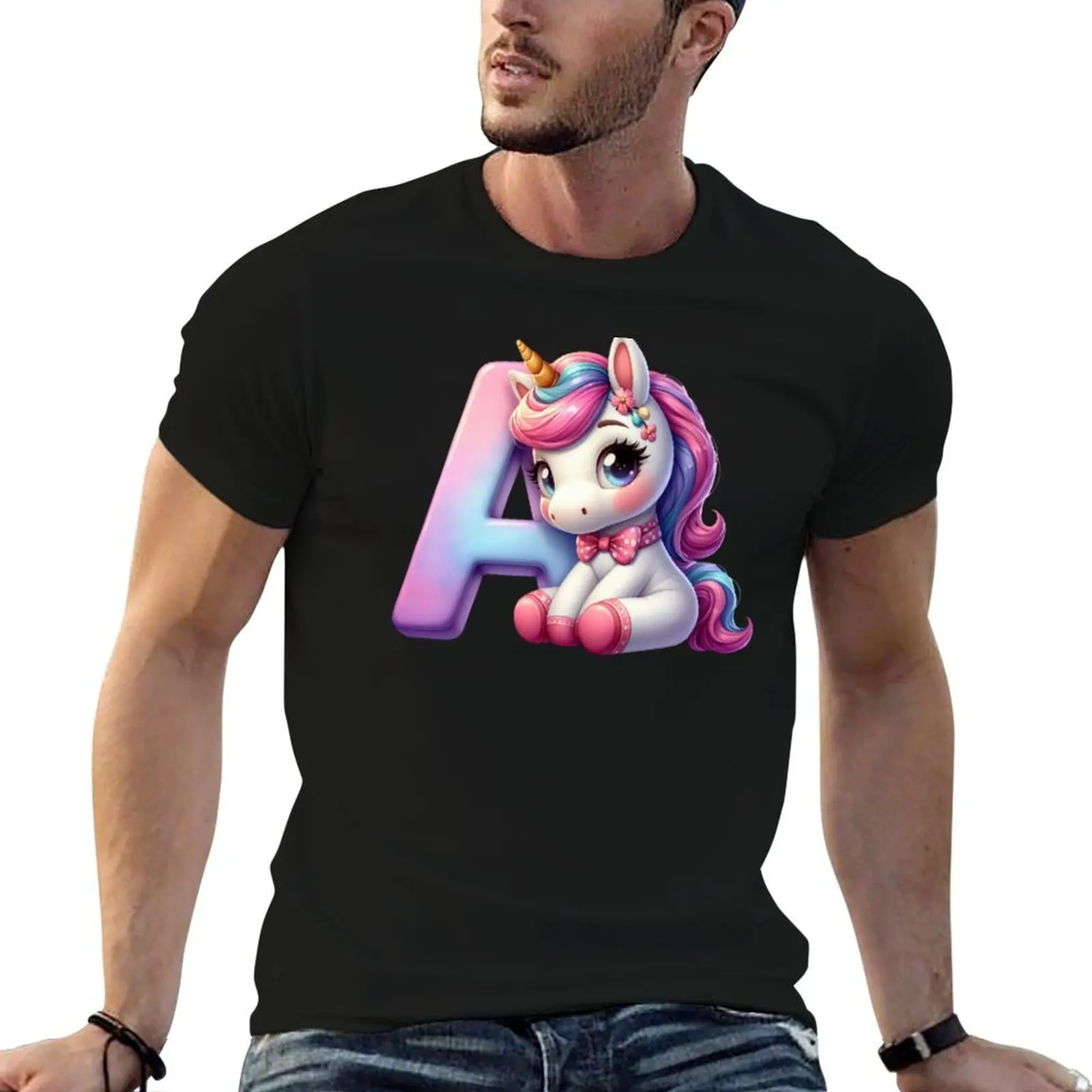 

Unicorn kawaii alphabet monogram letter A T-Shirt cotton t shirts high quality man t shirt luxury T-Shirt