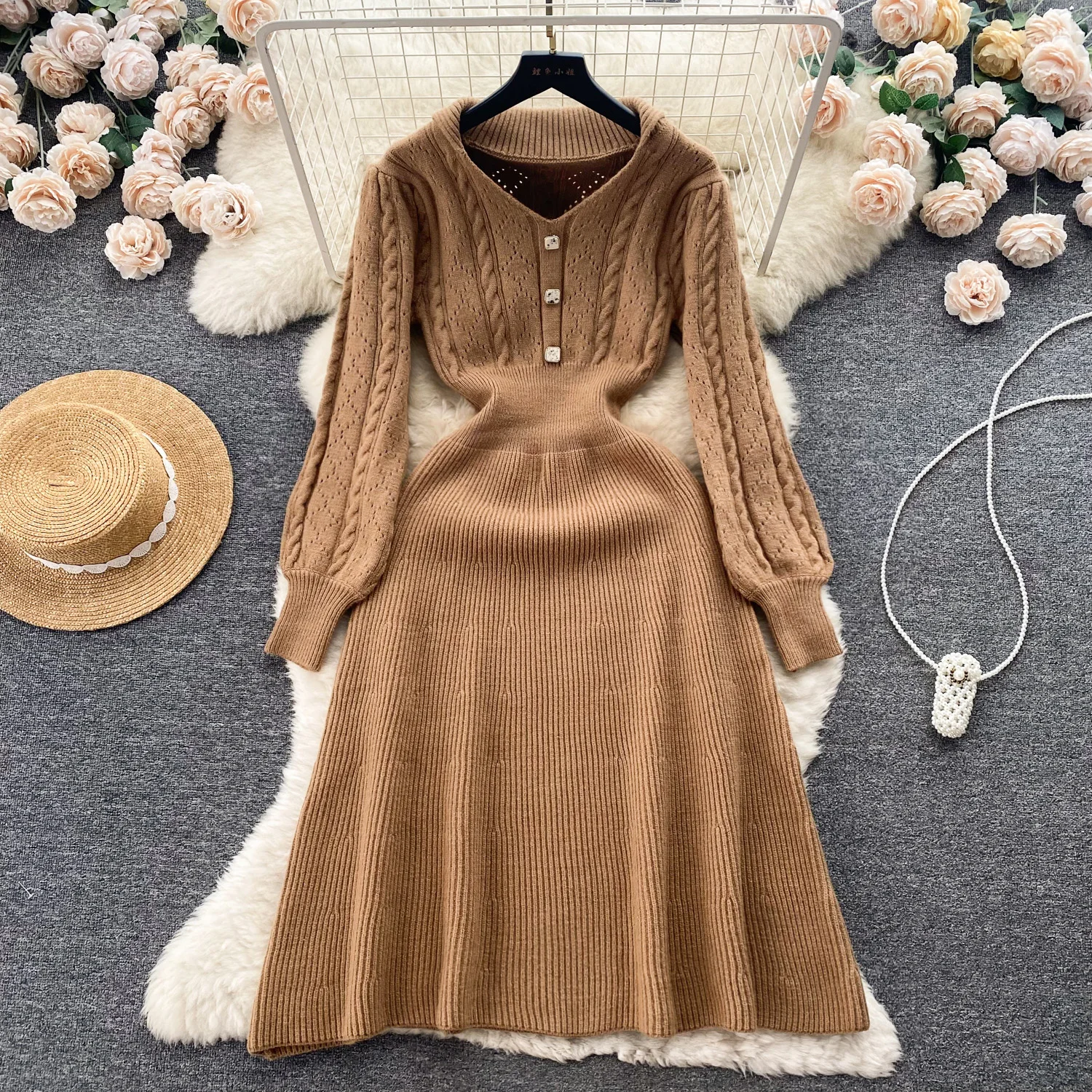 Winter Casual Fashion Vintage Long Sleeved Knitted Sweater Dress Women's Autumn New High Waist Slimming Long Dress