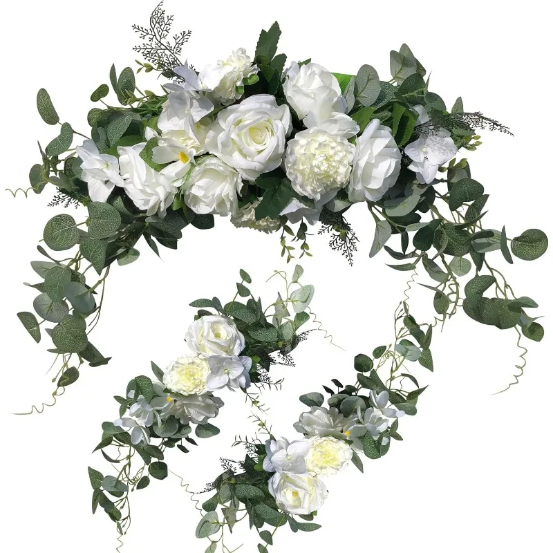 Wedding Arch Flowers,3Pcs Set White Rose Decorative Floral Swags, Artificial Greenery Eucalyptus Leaves