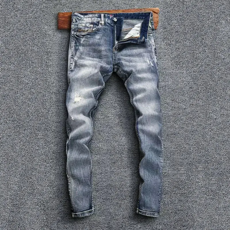 

Fashion Streetwear Men Jeans High Quality Retro Washed Blue Stretch Slim Fit Ripped Jeans Men Vintage Designer Denim Pants Homme