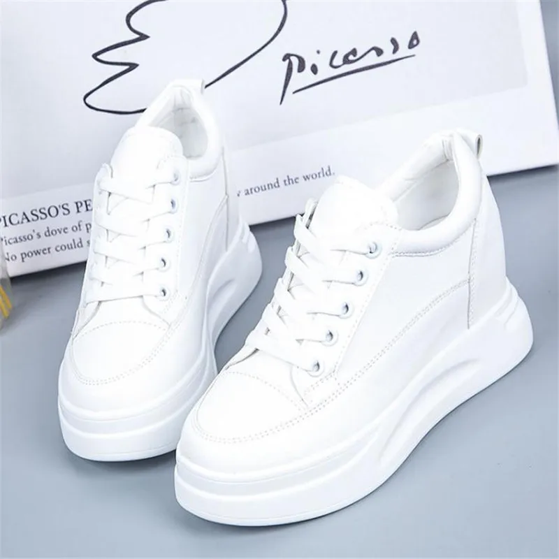 Hidden Heels Women Platform Wedge Sneakers Ladies Leather  White BLACK Shoes Female Tenis Feminino Casual 40