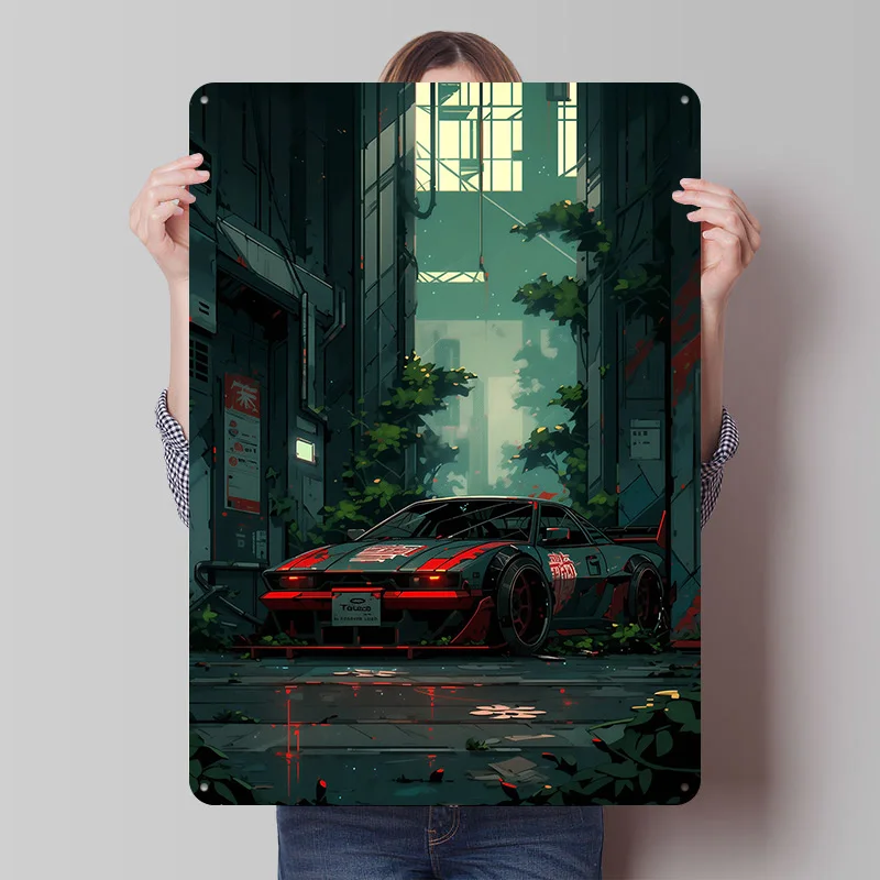 Cyberpunk in Alley Car Metal Poster Custom Wall Art Retro Vintage Tinplate Signs for Man Cave Living Room Decorations Home Decor
