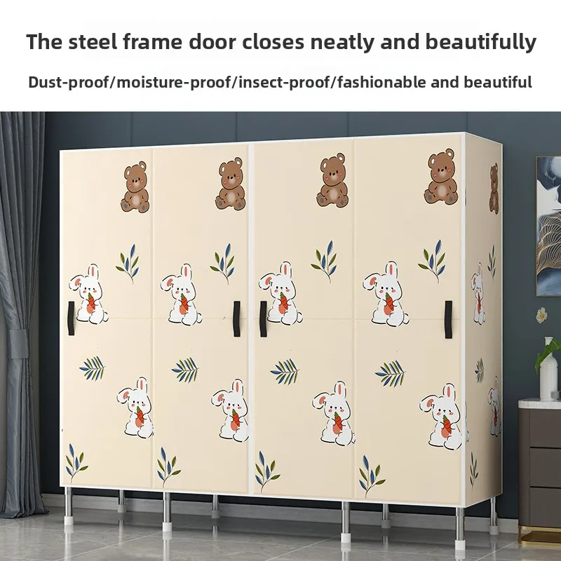 Fabric Wardrobe Reinforced Steel Tubes Easy Assembly Rental Rooms Bedroom Furniture Double Door Wardrobe Magnetic Closure