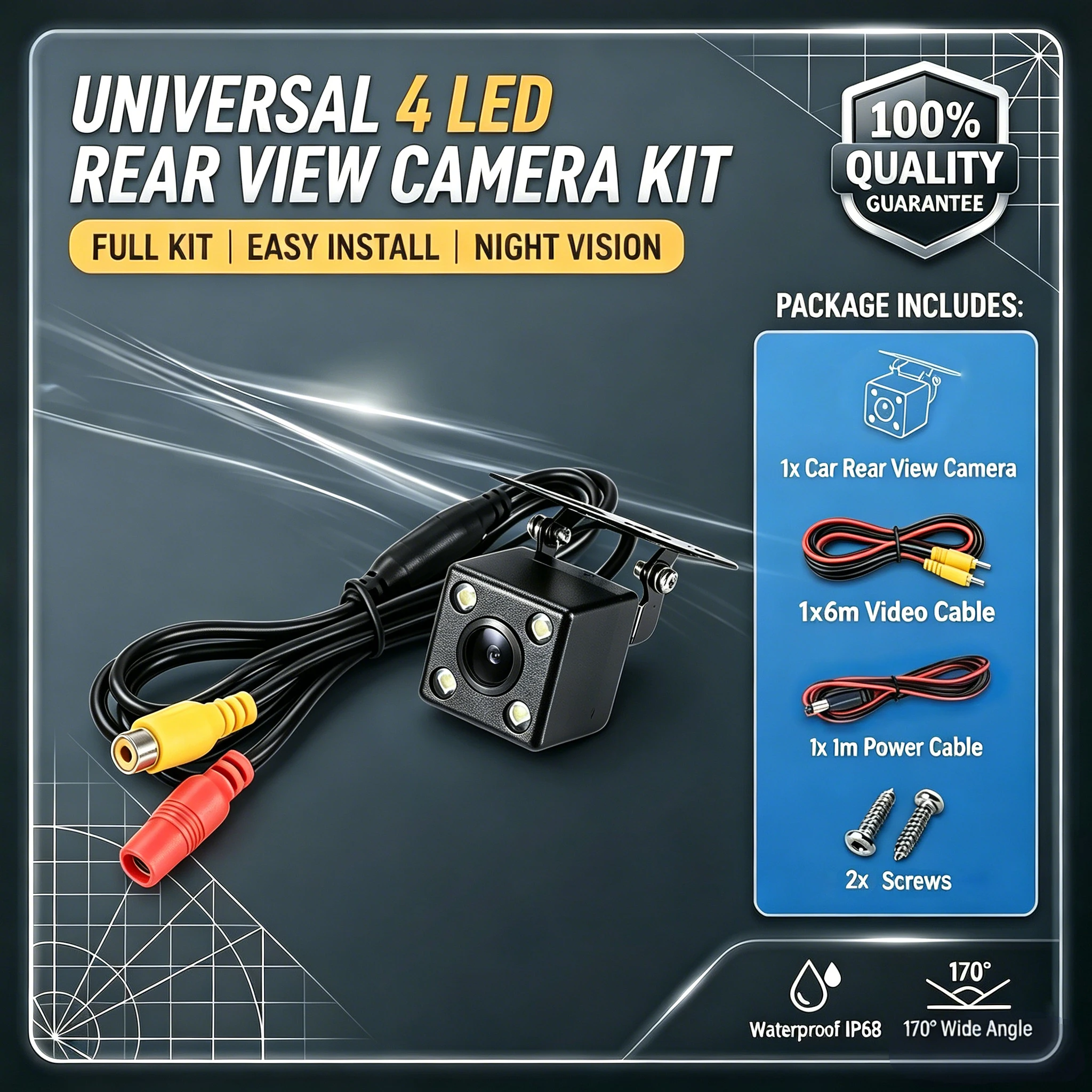 Câmera de Ré HD de Ângulo Largo para Carro, Câmera de Vídeo para Visão Traseira, Câmera de Ré com 12 LEDs para Visão Noturna e Estacionamento