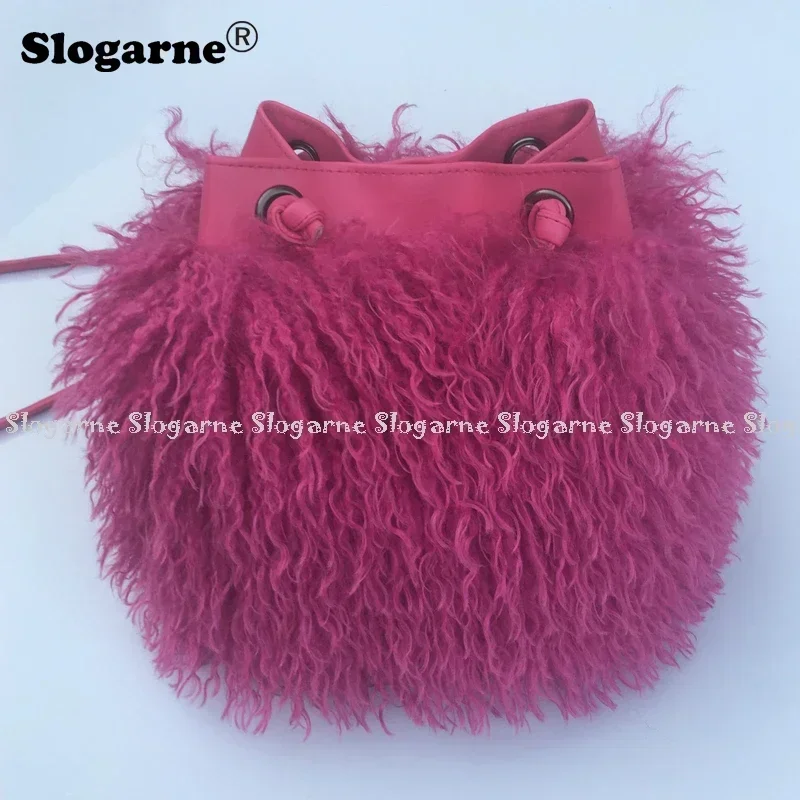 Women\'s 2024 Fashion Long Fur Wool Bag Beach Wool Fur Shoulder Bag Ladies Faux Furs Handbag Luxury Faux Mongolian Sheep Fur Bags