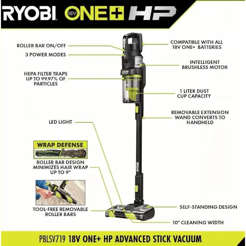 18V Brushless Cordless Stick Vacuum Kit Advanced Whisper Technology 4.0Ah Battery Charging Dock Pet Hair Removal HEPA Filter