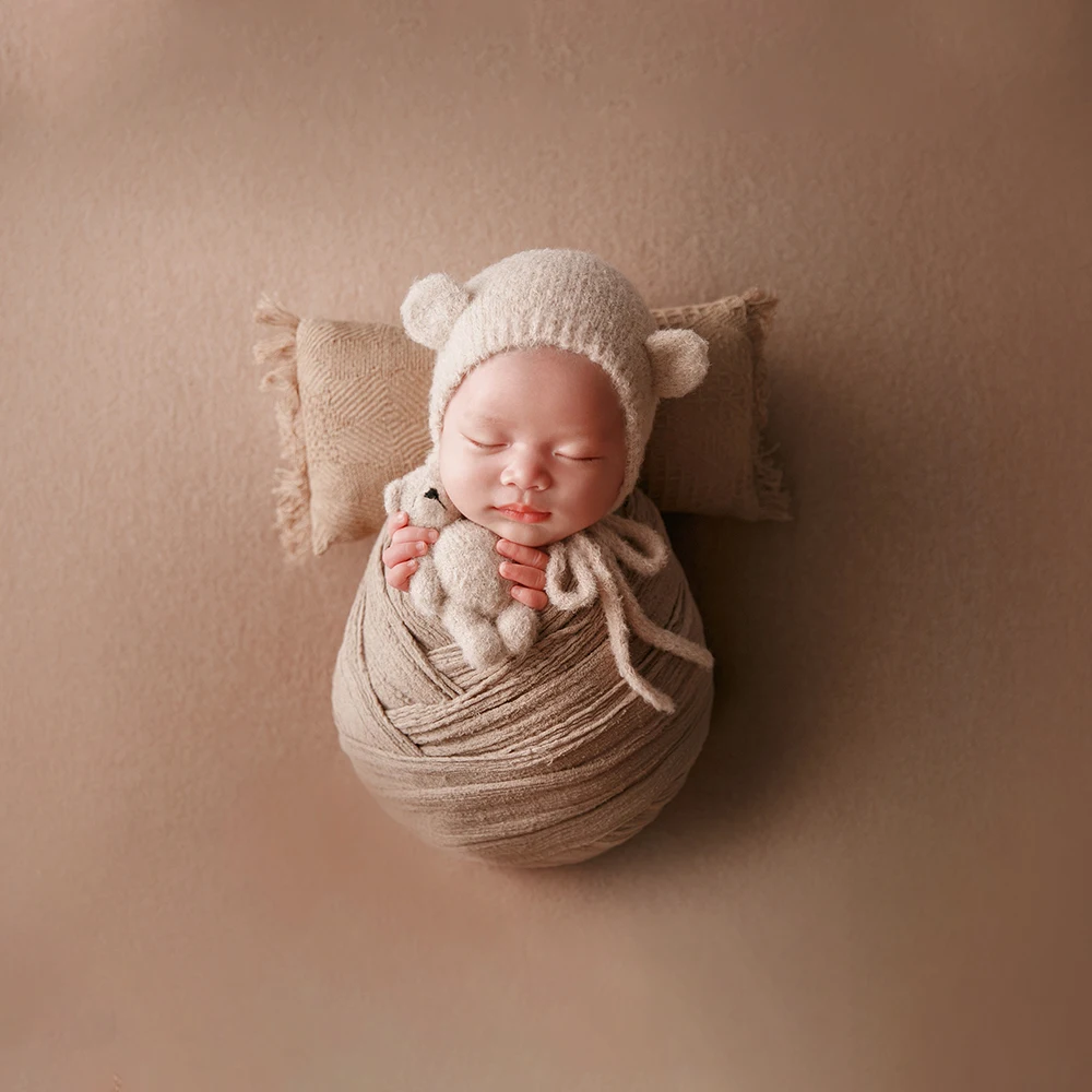 Newborn Wrap Photography Props Knitted Wool Bear Hats+Dolls Set Woolen Hats Baby Posing Pillow Studio Brown Shooting Theme Props