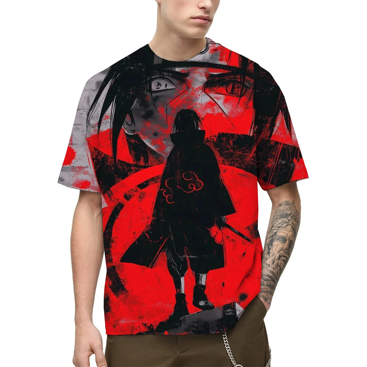 

Новая футболка с 3D принтом аниме Итачи Учиха, футболка с рисунком персонажа Акацуки, плащ и шаринганские глаза, элемент, дизайн для повседневного использования