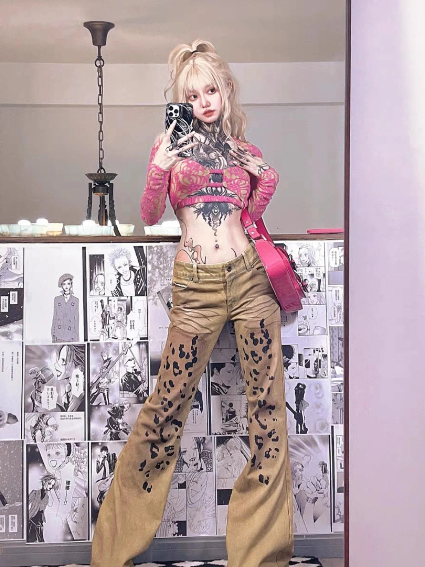 Low Waist Bell Bottom Denim Jeans Women's Fashion Washed Retro American High Street Leopard Print Micro Flared Jeans