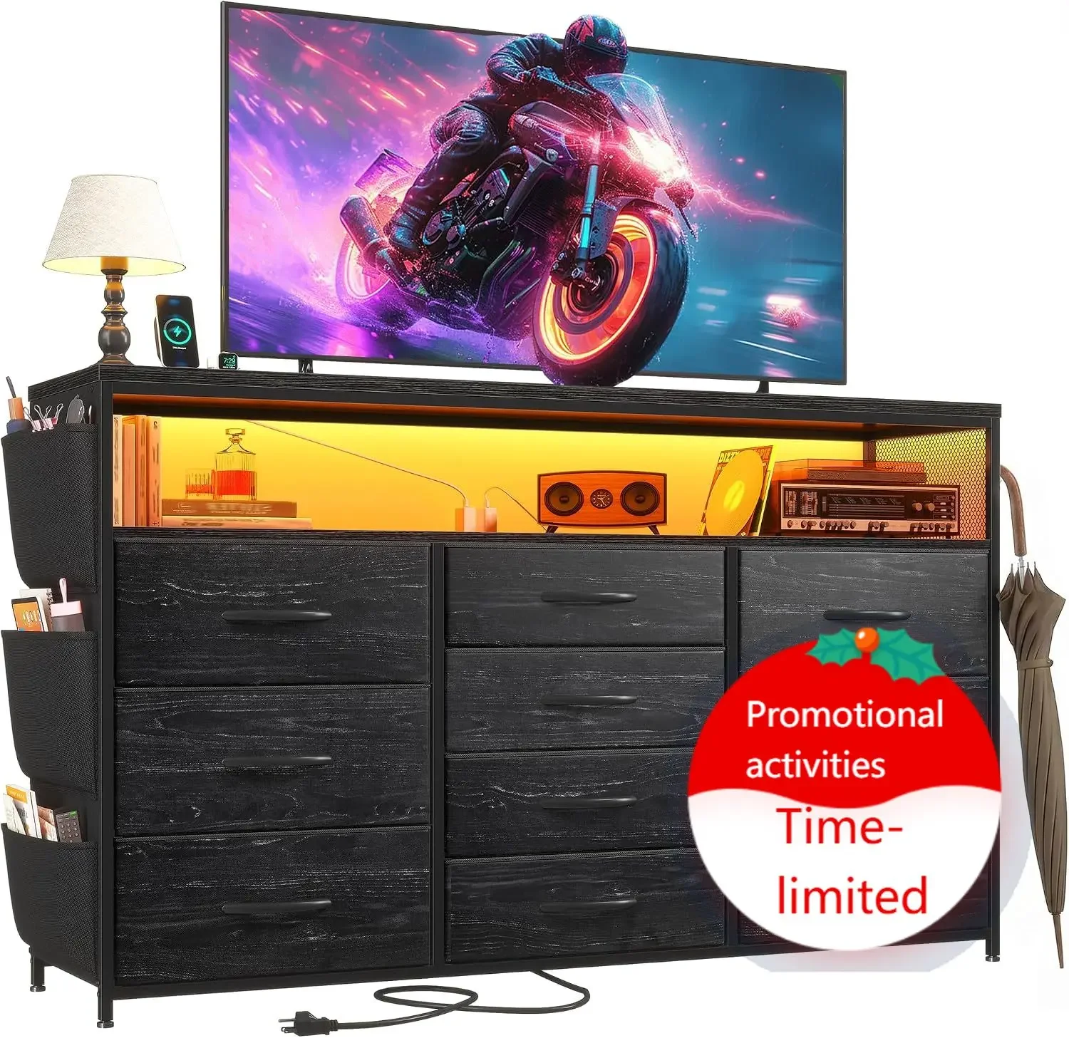 Dresser with 10 Drawers, LED TV Stand for 55