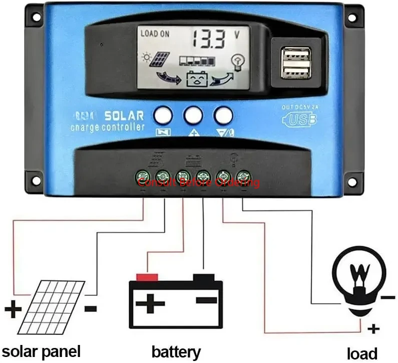 Solar Charge Controller LCD Display Dual USB Multiple Load Control Modes,12v/24v Current Auto Focus 30A 40A 50A 60A 100A