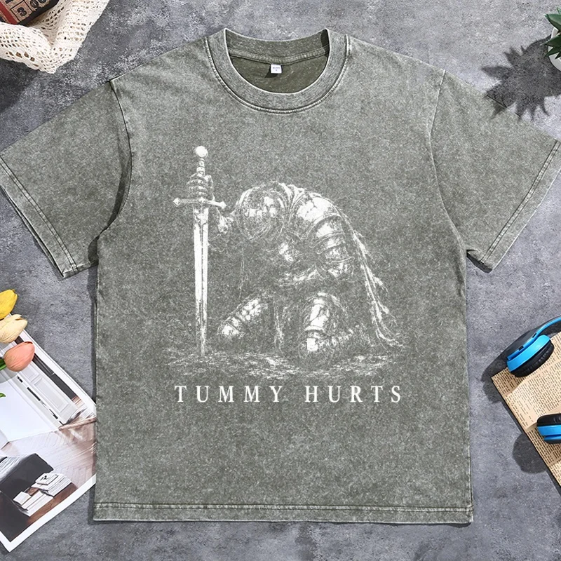 Bauchschmerzen Ritter T-Shirt Lustiges Dark Fantasy Grafik-T-Shirt Lässiges Retro Elden Ritter T-Shirt Baumwolle Kurzarm Rundhals T-Shirts – Detail 3