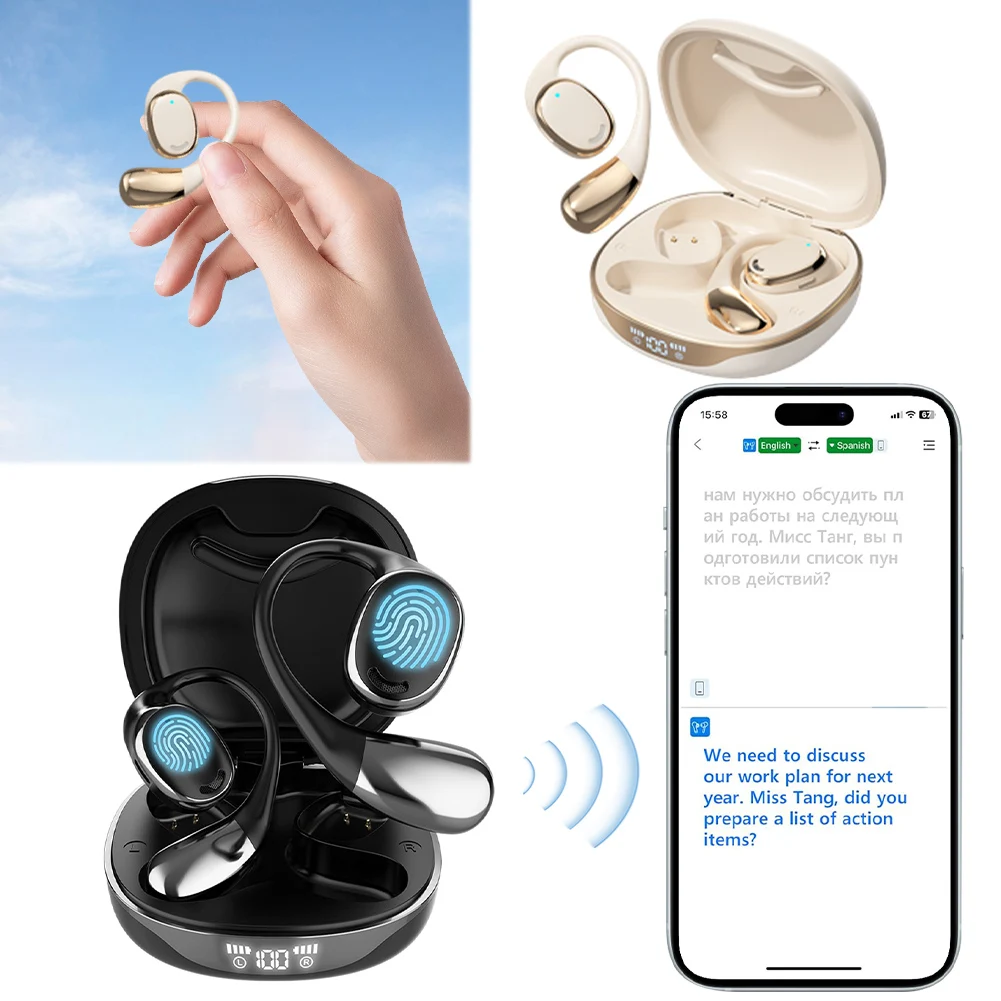 Translation Earbuds 8 Offline Translation Packs Wireless Open-Ear Headphones HD Sound Long Battery Life for Travel Business