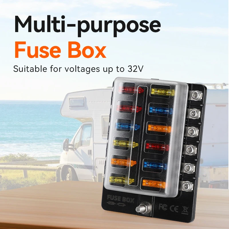 12 Way Fuse Block Marine Fuse Panel with LED Indicator Damp-Proof Cover Car Marine RV Truck with 20pcs Fuses and a Fuse Pulle