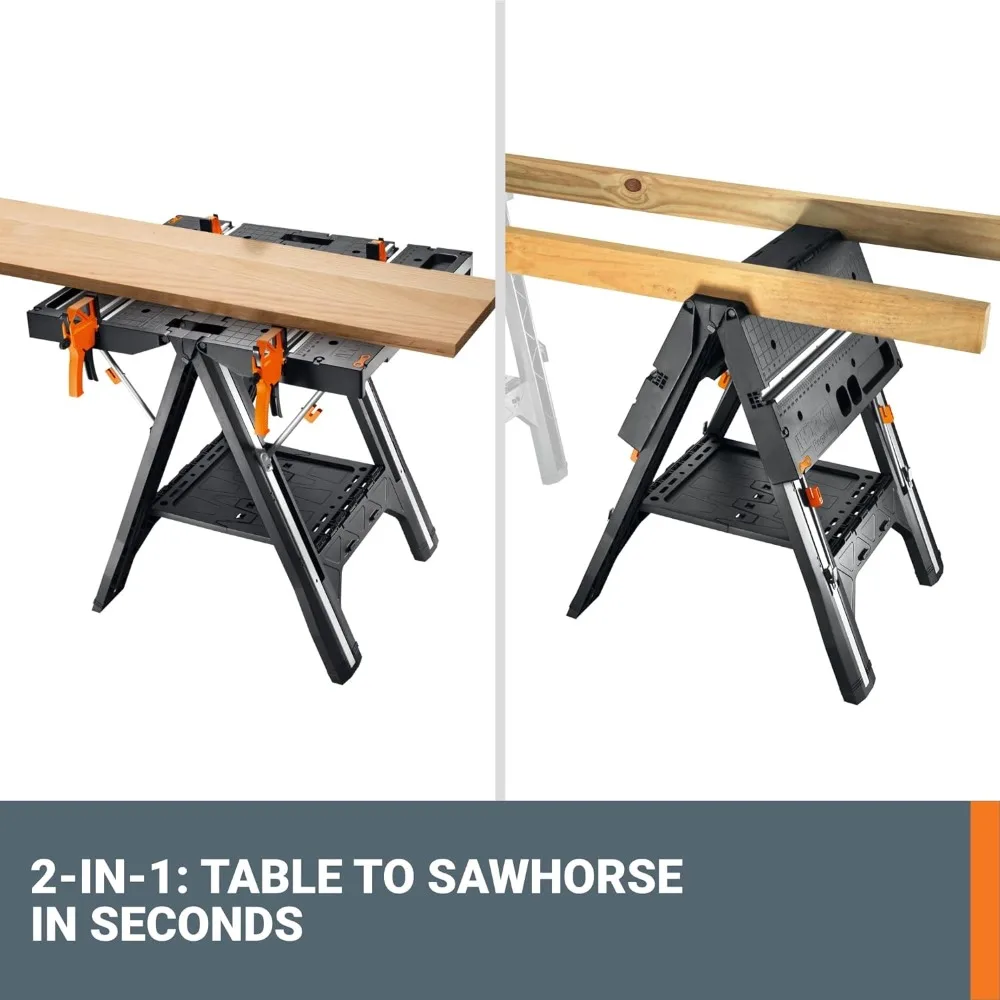 Worx Pegasus meja kerja lipat 2-in-1 & Sawhorse, pengaturan mudah meja kerja portabel, 31 "W x 25" D x 32 "H ringan