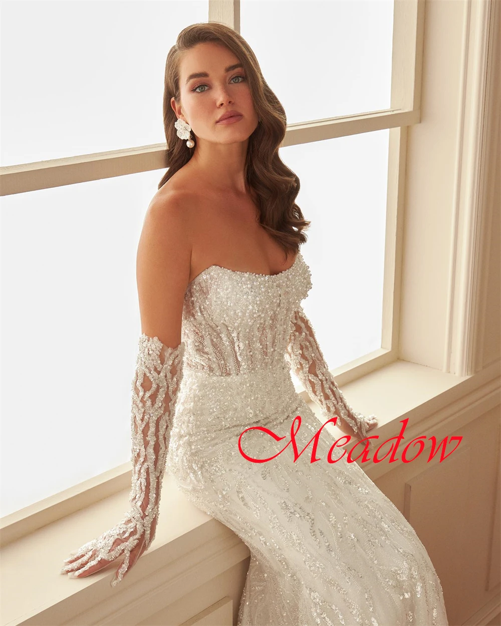 Изысканное свадебное платье из органзы по индивидуальному заказу, элегантное свадебное платье без бретелек со съемными рукавами и длинными рукавами, со шлейфом и открытой спиной