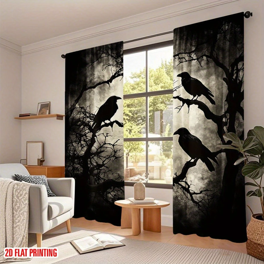 2PCS Digital Printed Curtains, Black Crows Bare Trees Misty Forest, Dark Gothic Foggy Woodland Halloween Window Decor Room