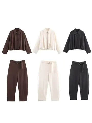 HH Women 2026 Spring Multicolor Lapel Metal Zipper Side Pocket Decoration Flannel Bomber Jacket+Elegant Drawstring Trousers Suit