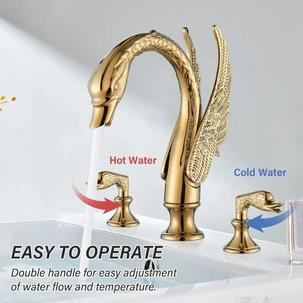 Gold Swan Bathroom Sink Faucet 3 Holes Widepspread Bathroom Faucet Double Swan Handles Basin Faucet Sink Mixer Tap Bathroom Vani