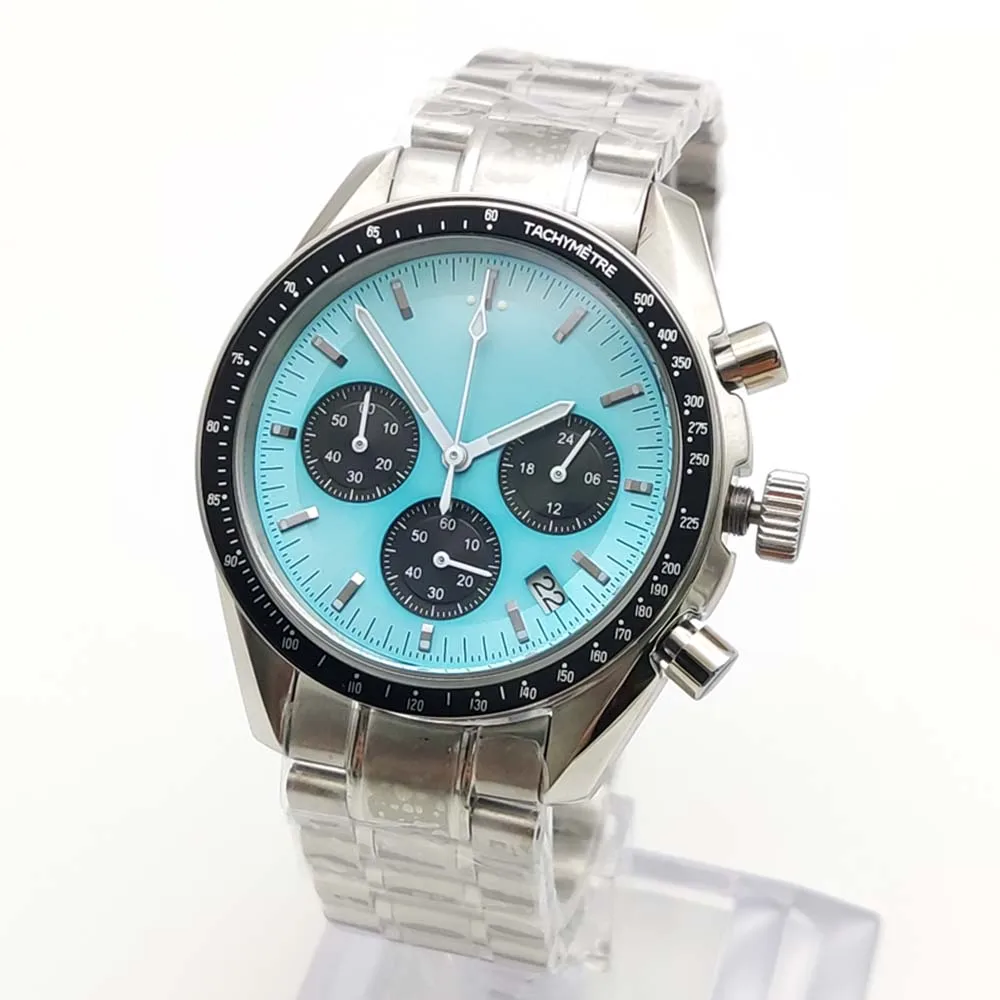 Orologio cronografo sportivo casual da uomo al quarzo da 40 mm, cassa argentata e nera resistente all'acqua in acciaio inossidabile, movimento VK63