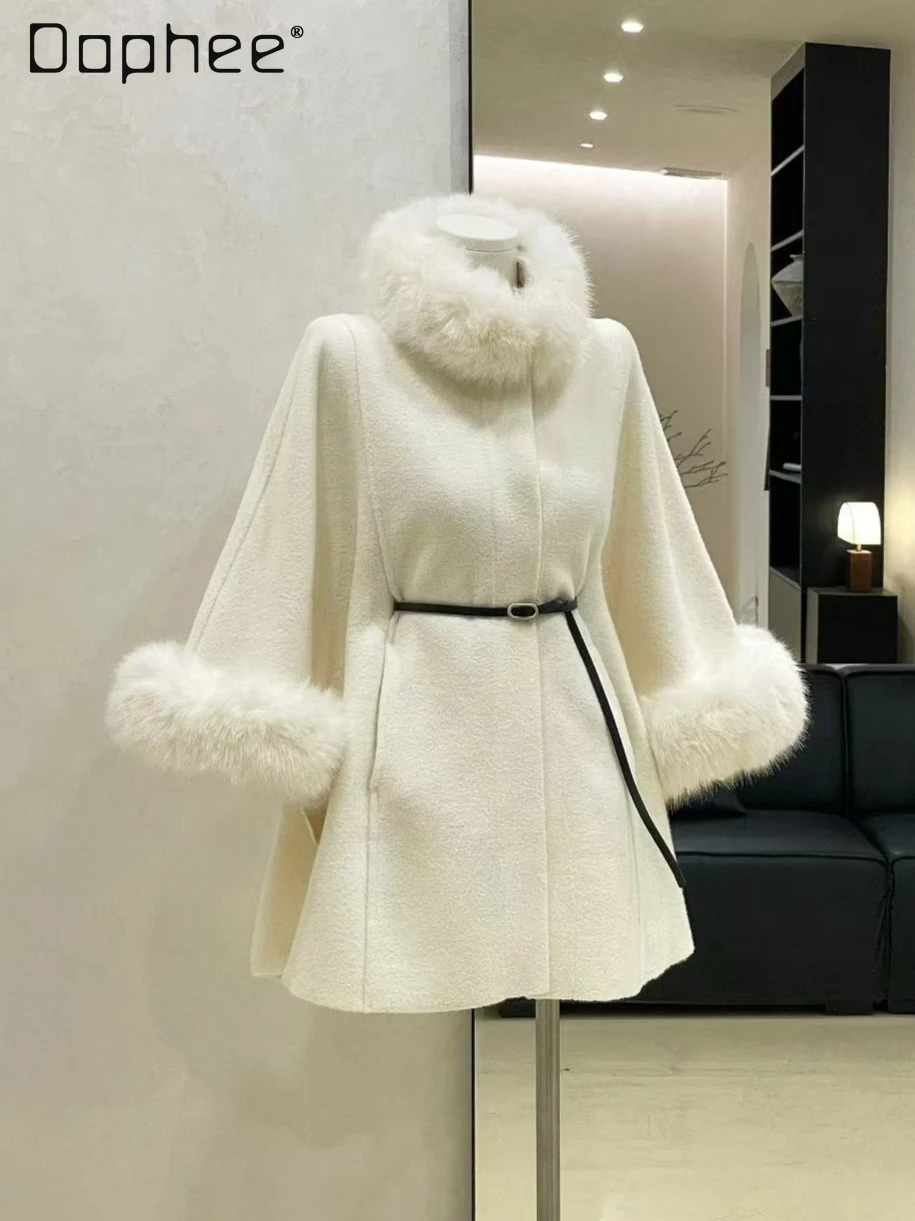 

High-end Fashion Fur Collar Cape Wool Coat Women Winter New Elegant Socialite Shawl Korean Chic Belt Slim Loose Short Wool Coat