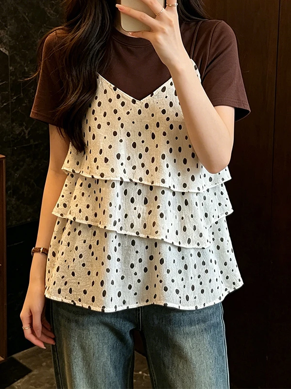 Summer New Polka Dot Lace Trim Halter Neck Short Sleeve T-Shirt Women's Fashion Versatile round Neck Top Korean Style Commute