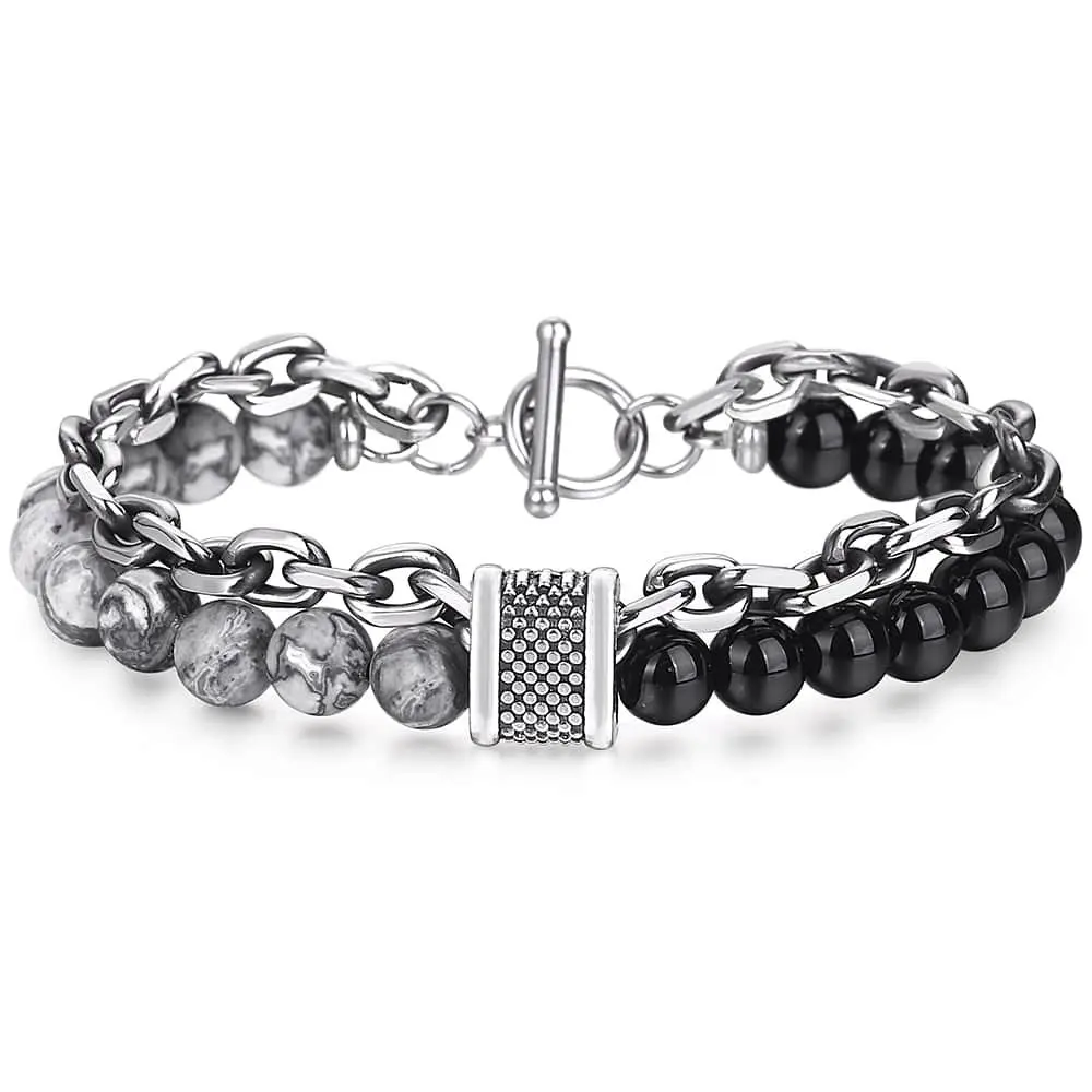 

Mens Womens Bracelet Gunmetal Tone Cut Cable Link Stainless Steel Black Glass Map Stone Bead Chain OT Buckle